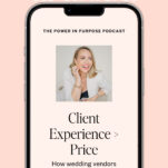 A smartphone screen displays a podcast episode titled "Client Experience > Price: How wedding vendors win luxury buyers," featuring a photo of a smiling woman in a white jacket—perfect for those seeking insights on attracting high-end wedding clients.