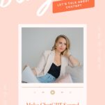 A woman sits on a couch in a blazer and jeans, featured in a promotional podcast graphic titled "Make ChatGPT Sound Like You (Once and For All)"—perfect for those looking to use ChatGPT in your wedding business on the show "Binge It.