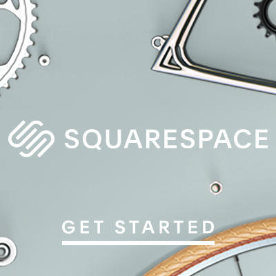 Squarespace logo and text "Squarespace Get Started" on a light background with a partial bicycle gear and tire—perfect for wedding planners seeking an elegant website platform.