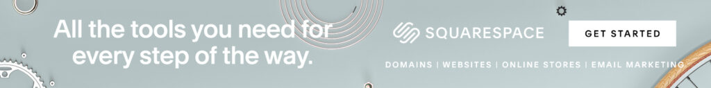 Squarespace ad banner with the text "All the tools you need for every step of the way," showcasing Squarespace as a website platform for wedding planners, Squarespace logo, "Get Started" button, and decorative tech-themed graphics.