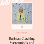 A woman sits at a desk with a microphone, smiling, in front of a backdrop with notes. Text reads: "Wedding Education, Business Coaching, and Wedding Mastermind: What’s Right For Your Wedding Business?.
