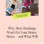 A promotional graphic features two women working at desks, promoting a discussion with special guest Erinn Bridgman on tackling Money Stress in The Wedding Industry beyond just getting more bookings.