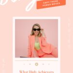 A woman in a bright coral suit sits at a desk with a laptop, smiling and wearing sunglasses, under text about high-achievers in the wedding industry.