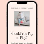 A phone screen displays a podcast episode titled "Should You Pay to Play?" from The Power in Purpose Podcast, episode 199, exploring features in the wedding industry, with a person reading a newspaper in the background.