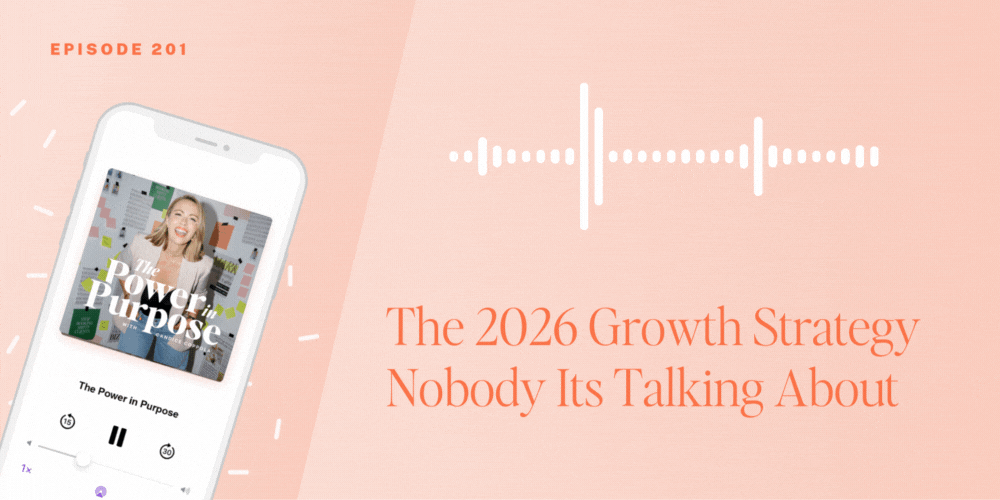 Podcast episode promo featuring a smartphone displaying &ldquo;The Power in Purpose.&rdquo; Text reads: &ldquo;The 2026 Growth Strategy Nobody Is Talking About for Wedding Pros.&rdquo; Audio waveform graphic shown.