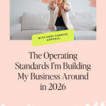 Woman sitting on a couch pointing toward the camera, with pink notes on the wall behind her. Text: “The Operating Standards I’m Building My Wedding Business Around in 2026.”.