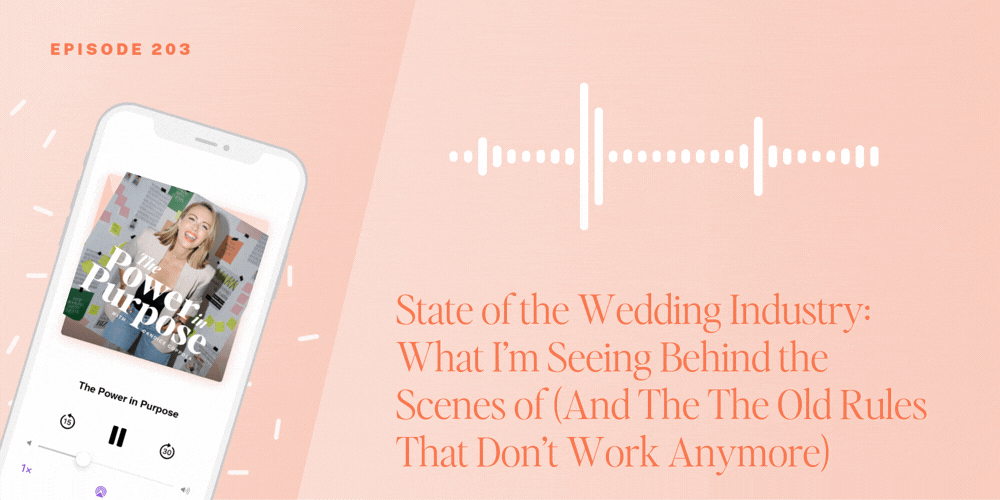A podcast episode titled "State of the Wedding Industry," featuring an image of a phone displaying the podcast cover, with audio waves in the background to highlight insights into the State of the Wedding Industry.