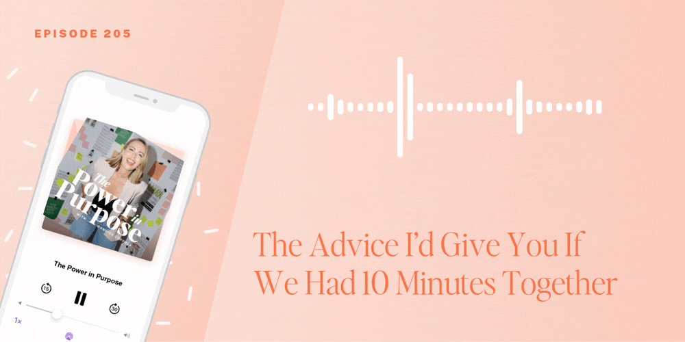 Podcast episode 205, "The Advice I'd Give You If We Had 10 Minutes Together," features top wedding advice for the wedding industry, shown on a phone displaying "The Power in Purpose" podcast with audio wave graphics.