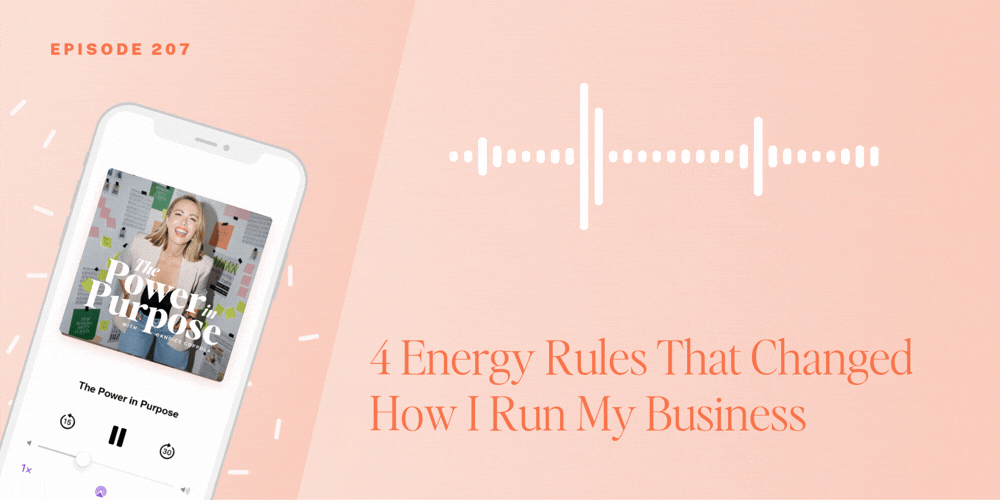 Podcast episode graphic with a phone displaying "The Power in Purpose" and the text "4 Energy Rules That Changed How I Run My Business" on a peach background promoting an episode with productivity hacks for wedding pros