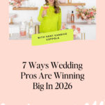 A woman in a bright yellow dress stands in a decorated kitchen. Text reads: "7 Ways Wedding Pros Are Winning Big In 2026" and "With host Candice Coppola." Discover exciting opportunities in the wedding industry.