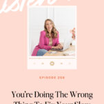 A woman in a pink blazer sits at a desk with a laptop, smiling. Text below reads: "You're Doing The Wrong Thing To Fix Your Slow Season (Here's Why It's Hurting Revenue in Your Wedding Business).