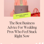 A woman in a peach suit sits smiling with a laptop on her lap against a pink background. Text promotes wedding business advice for professionals from host Candice Coppola.