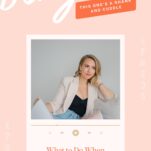 A woman in a light blazer sits on a couch, sharing wedding business advice while promoting a podcast episode titled "What to Do When Your Wedding Business Feels Stalled.