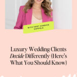 A smiling woman in a pink blazer stands next to a sign reading "With host Candice Coppola." Text below reads "Luxury Wedding Clients Decide Differently (Here’s What You Should Know).