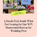 A woman stands in front of a screen labeled "WeddingPro," speaking to a seated group at a Mastermind Retreat for Wedding Pros in a bright room with large windows and lush greenery outside.