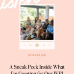 Four women sit together on a porch with tropical plants in the background. Text below promotes a podcast episode about the Mastermind Retreat for Wedding Pros, designed to inspire and connect wedding professionals.