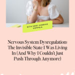 A woman in a white blouse sits at a table with her hand resting on her chin. Text reads: "Nervous System Dysregulation in the Wedding Industry: The Invisible State I Was Living In (And Why I Couldn't Just Push Through Anymore).