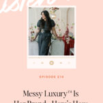 A woman stands behind a table set with flowers and glassware, featured in podcast episode 214, "Messy Luxury™ Is Her Brand... Here's How She Built It," inspired by the creative spirit of In Ink Weddings.
