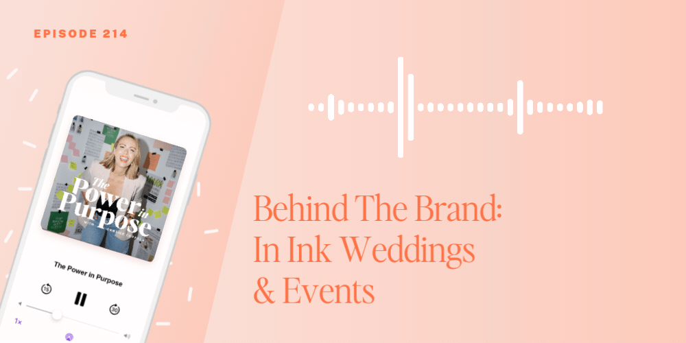 A podcast episode titled "Behind The Brand: In Ink Weddings & Events" is displayed alongside an audio waveform and a smartphone featuring "The Power in Purpose" podcast, highlighting the creativity behind In Ink Weddings.