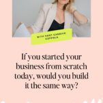 A woman in a light blazer sits on a couch holding papers. Text reads: "If you started your six-figure wedding business from scratch today, would you build it the same way?" Host: Candice Coppola.