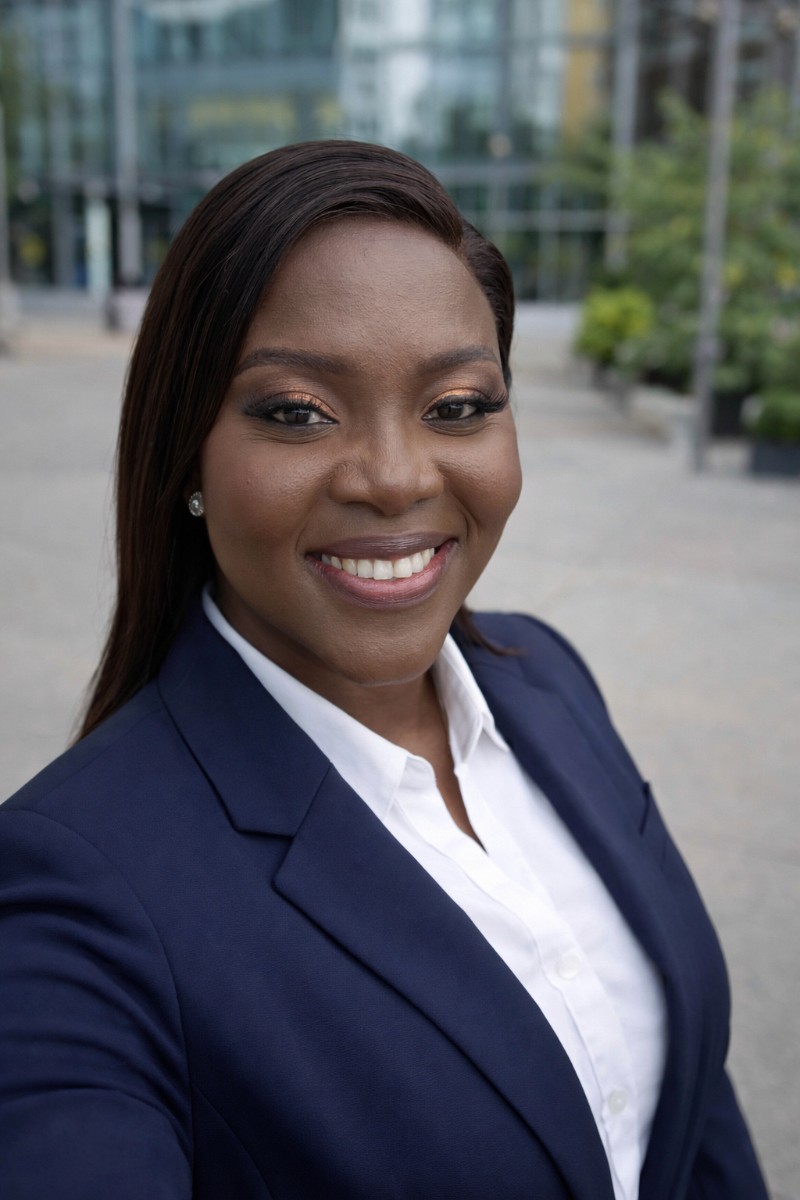 Ayo from Ayoé Weddings & Events stands in a navy blazer and white shirt smiles for a selfie outdoors, with modern buildings and greenery visible in the background—capturing a candid moment that reflects the elegance and attention to detail of Ayoé Weddings & Events.