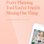 Text on a peach background reads, "Every Planning Tool You've Tried Is Missing One Thing." Part of a phone screen with a podcast app is visible at the bottom right—perfect timing as we’re launching a wedding planning software designed to fill that missing piece.