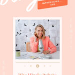 A woman in a pink blazer sits at a desk with a microphone, smiling, surrounded by wedding planning notes. Text reads: "Why I Finally Built the Wedding Planning Software I Needed"—sharing the story behind launching a wedding planning software designed for real brides like her.