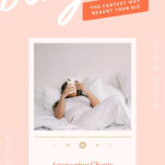A person in bed wearing white pajamas holds a phone and a coffee mug; text reads, “Setting Boundaries With Wedding Clients: Answering Clients From Your Bed Isn’t Good Service.”.