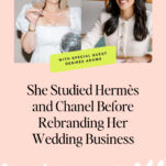 Two women sit smiling at separate desks; one holds a drink and a disco ball, while the other sits near a microphone. Text mentions a wedding business rebrand with guest Desiree Adams of Verve Event Co, sharing insights into event planning and the fresh vision behind her brand.
