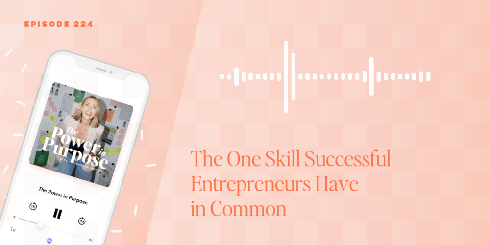 Podcast episode graphic with a phone displaying &ldquo;The Power in Purpose&rdquo; and the text: &ldquo;The One Skill Successful Entrepreneurs Have in Common.&rdquo; Episode 224 is noted in the top left, offering invaluable insights for anyone launching a wedding planning software or pursuing their entrepreneurial dreams.