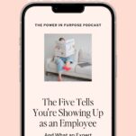 A smartphone displays a podcast episode titled “The Five Tells You’re Showing Up as an Employee,” featuring an image of a person reading a newspaper on a couch. Perfect for anyone who’s ever felt like wedding clients walk all over you, this episode dives deep into the subtle signs you may be undervaluing your own expertise.