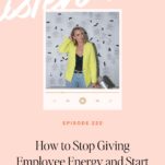 A woman in a bright yellow blazer stands in front of a backdrop, with podcast controls below and episode info about leading clients as an expert—featuring insights on what to do when wedding clients walk all over you.