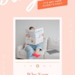A person in jeans and pink shoes sits on a couch reading a newspaper; text reads, “Why Wedding Clients Walk All Over You.”.