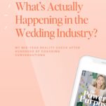 Text graphic with the title “What’s Actually Happening in the Wedding Industry?” and a partial image of a phone displaying a podcast called “The Power in Purpose.” This mid-year update offers fresh insights into the ever-evolving wedding planning industry.