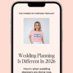 Smartphone screen displays a podcast episode titled “Wedding Planning Is Different In 2026” with a photo of a smiling woman in a “positivity powerful” shirt and podcast platform icons below. The episode dives into the latest mid-year update on wedding trends shaping the wedding planning industry.