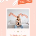 A woman sits on a white couch in front of sticky notes; text reads, “The Business Convo We Need to Have About Discomfort.” Perfect for business owners ready to ask important questions about their business strategy. “Binge it” is written at the top.