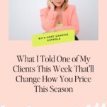 A woman in a pink blazer sits with her hand on her chin above text about client pricing advice from host Candice Coppola, offering valuable insights on setting the right rates for your wedding services.