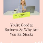 Candice Coppola sits at a desk with a laptop, asking why you are still stuck in your wedding business despite your skills. Listen now to improve your wedding industry decisions.